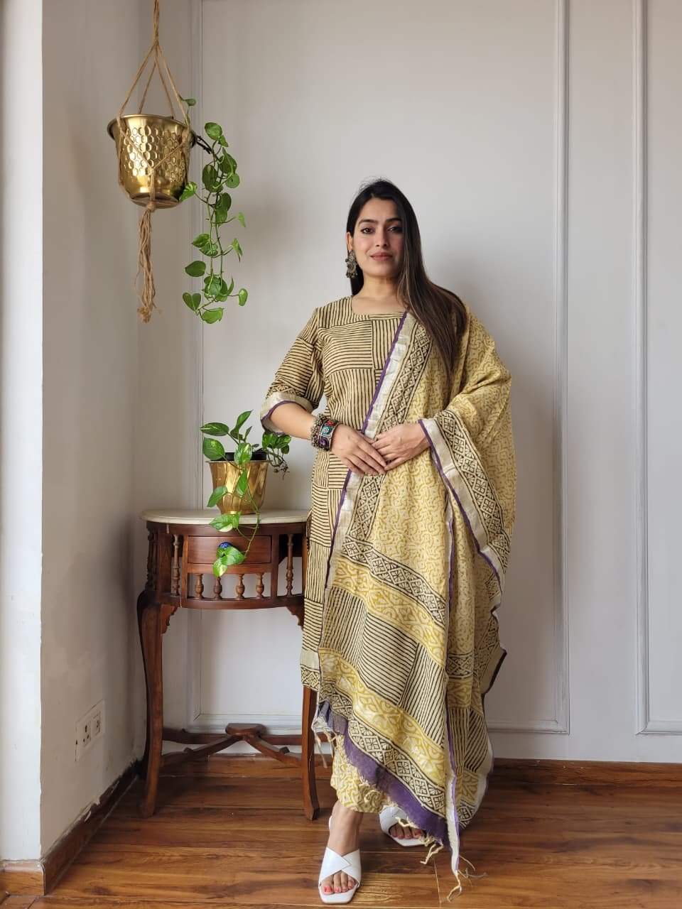 Yellow Bagru Hand Block Printed Linen Suit Set